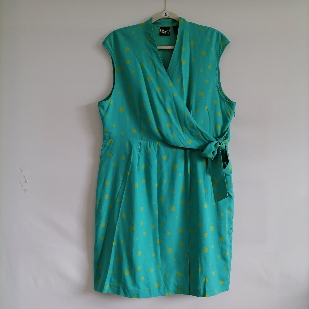 Crossing Pointe Womens Green Polka Dot Witchy Sleeveless Wrap Dress Size 16 PT